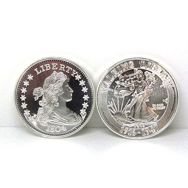 1804 Dollar & Walking Liberty .999 Silver Rounds: 2-Coin Set Includes: 1 Oz 1804 Silver Dollar Design .999 Fine Silver Round & 1 Oz Walking Liberty Design .999 Fine Silver Round. Made in USA.