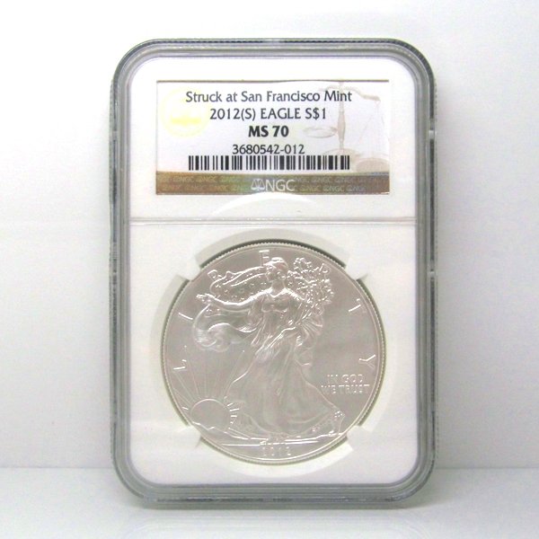 2012-(S) Silver Eagle MS70 NGC - Brown Label: Perfect 70 coins. 2012-(S) Struck at San Francisco Mint MS70 NGC Brown Label Silver American Eagle Bullion Coin by The United States Mint. The Silver Eagle Coin Has a Legal Tender Value of $1 and Cont
