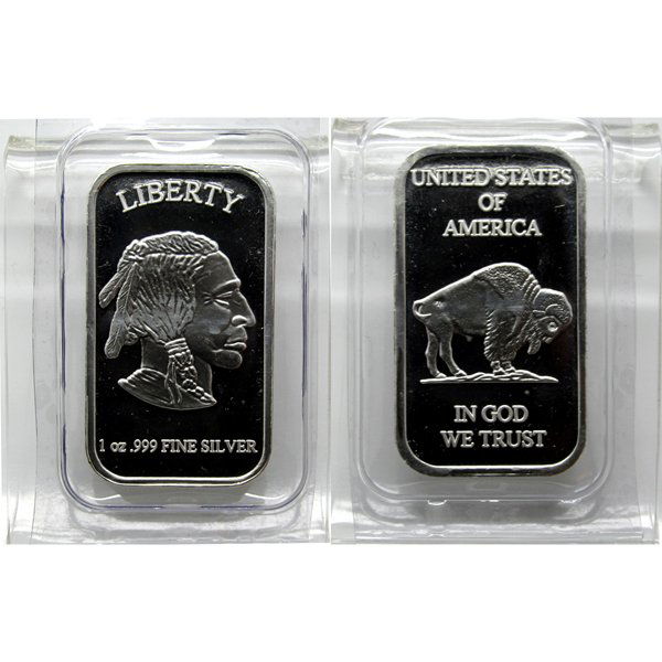 1 Oz Buffalo Design .999 Fine Silver Bar: 1 Oz Buffalo Design .999 Fine Silver Bar. Made in USA.