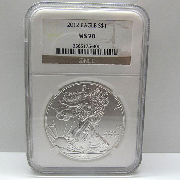 2012 Silver Eagle MS70 NGC - Brown Label: Perfect 70 Coins! 2012 MS70 NGC Brown Label Silver American Eagle Bullion Coin by The United States Mint. The Silver Eagle Coin Has a Legal Tender Value of $1 and Contains 1 Oz of .999 Fine Silver.