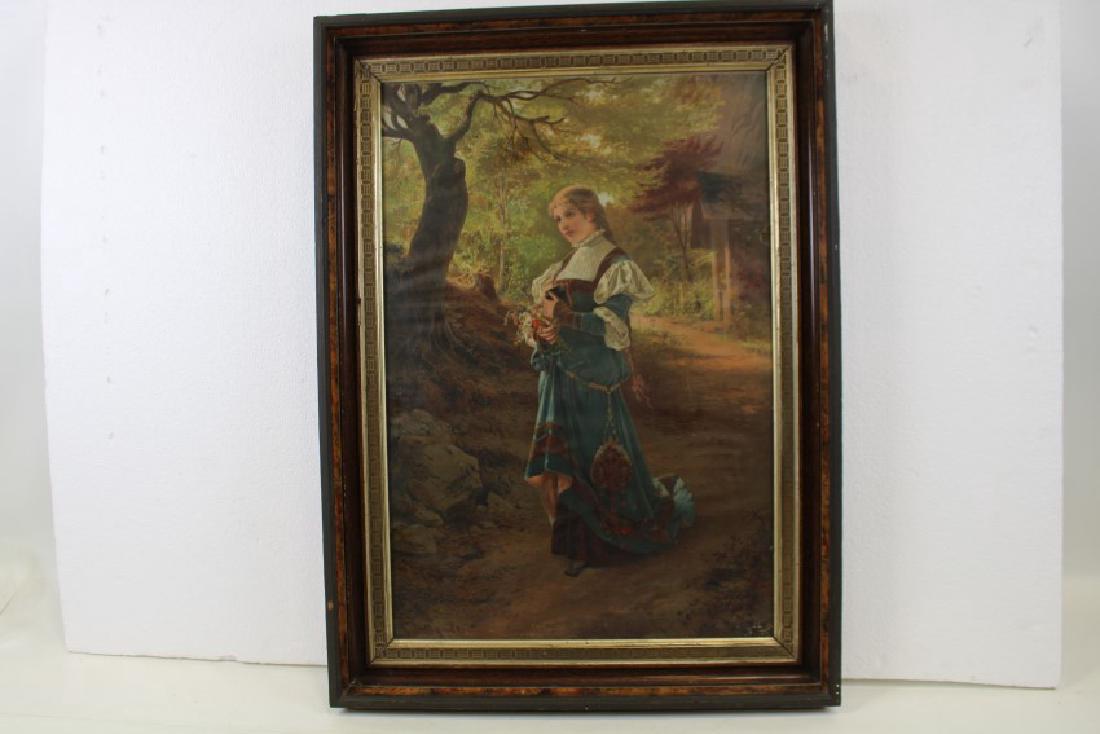 Victorian Chromolithograph Print - Young Girl in Woods (1 of 2)