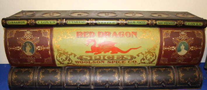 1890s Woolson Spice Co Large General Store Display Bin: 1880-1890s Woolson Spice Co. Toledo, OH, Large Store Display Bin - advertising Red Dragon Spices, general store display cabinet, all complete, tin with excellent decals and stenciling, 38 1/2 " wide-