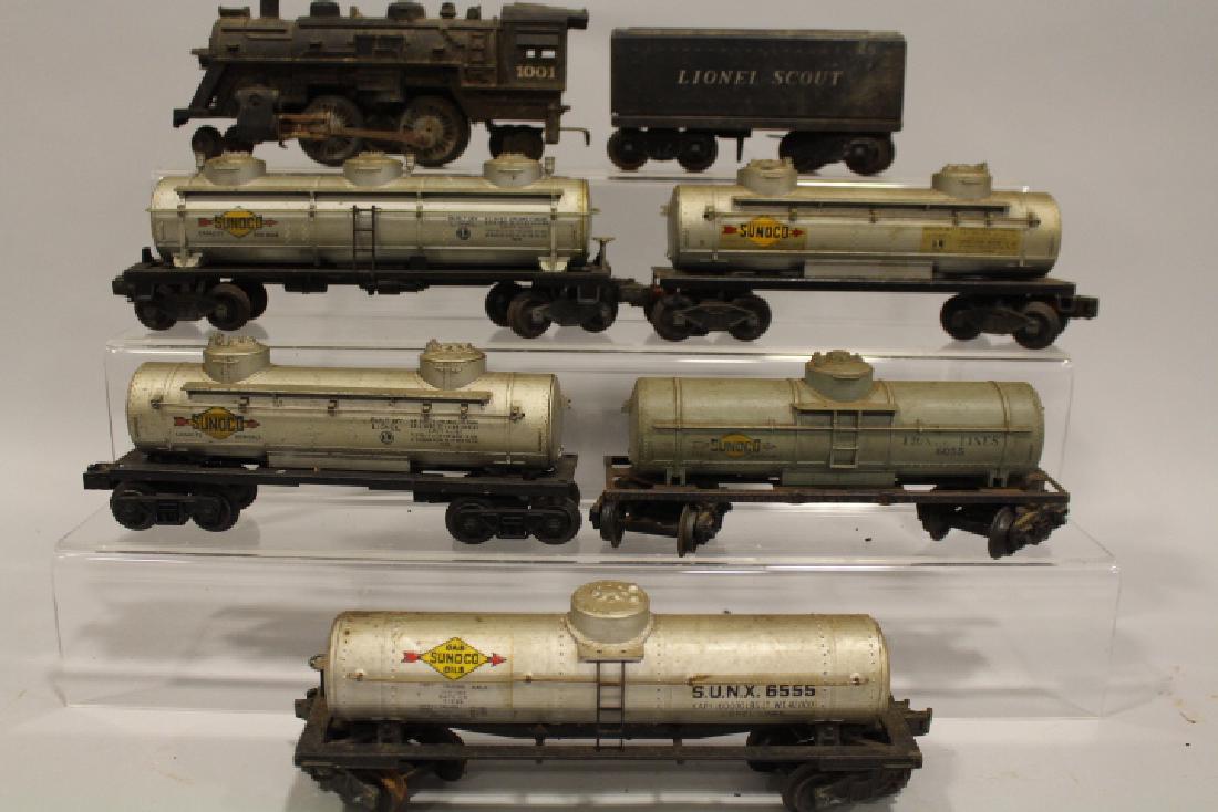Group of Lionel Tank Cars, Scout Tender: Tank Cars 2465, 6035, 3) unmarked pre-war; Scout tender; 1001 locomotive