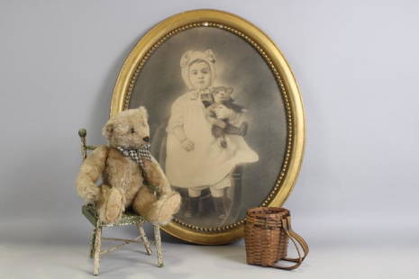 1907 Steiff Teddy Bear - Blank Button & More: Blond long mohair, shoe button eyes, stitched snout, paws, feet and mouth, jointed with hump on back, felt pad feet and paws, 12" H, bear is in very good condition, no tears, rips, very minor hair thi
