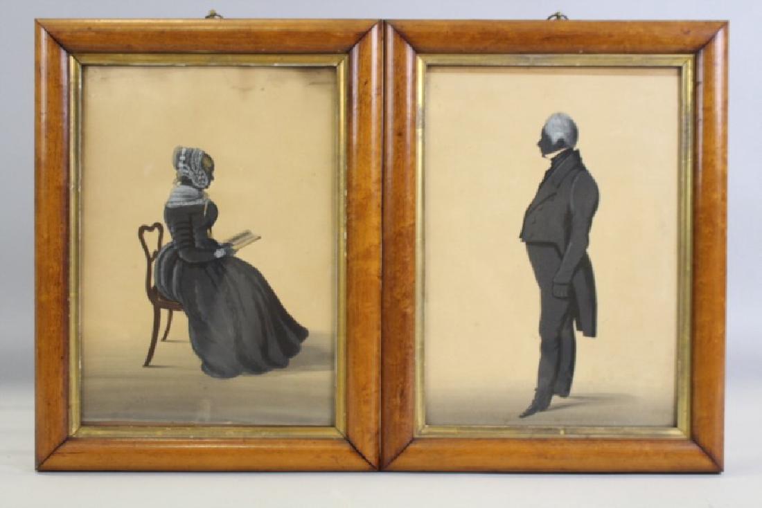 Early 1800s Silhouettes of Thomas Ludbey w/Lineage: Full-bodied standing silhouettes of brother and sister, gentleman identified as Rev. Thomas Ludbey with penciled lineage on papered (torn and lightly penciled) verso "Father of Mrs. Sophia Webb, Grand
