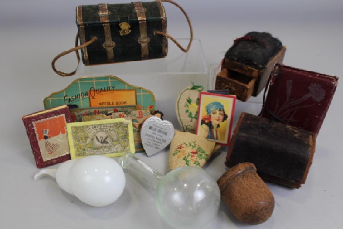 Civil War Era Sewing Boxes & More: 19th century - 2 sewing boxes; pin cushion with drawer; 2 glass and 2 wooden sock darners; needle cases, more.