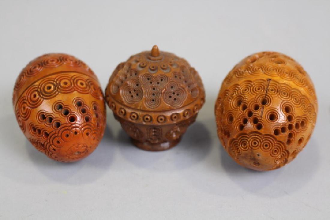 Egg Form Vegetable Ivory Needle Cases - Sewing: Lot of 3 Sewing - 2 egg form and one lidded basket form, 2" H.