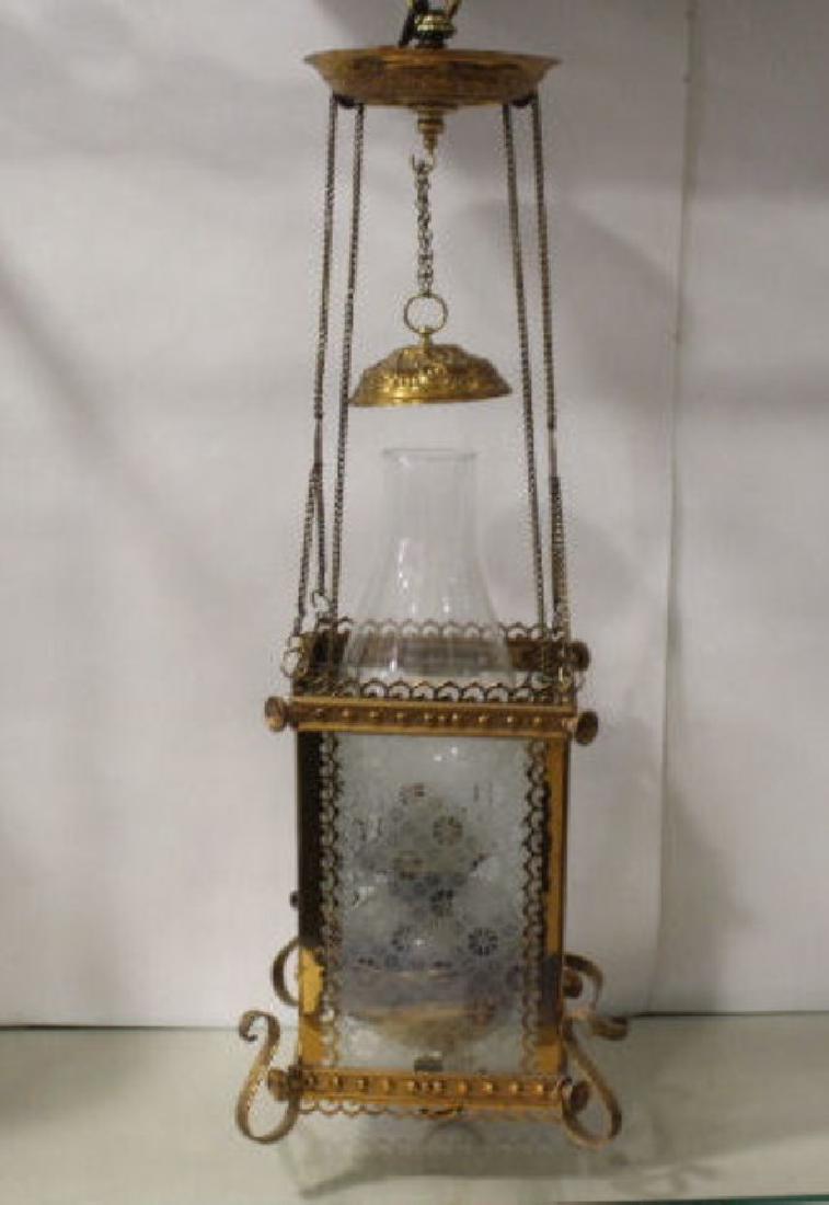 Polished Brass and Etched Glass Victorian Hall Lamp (1 of 1)