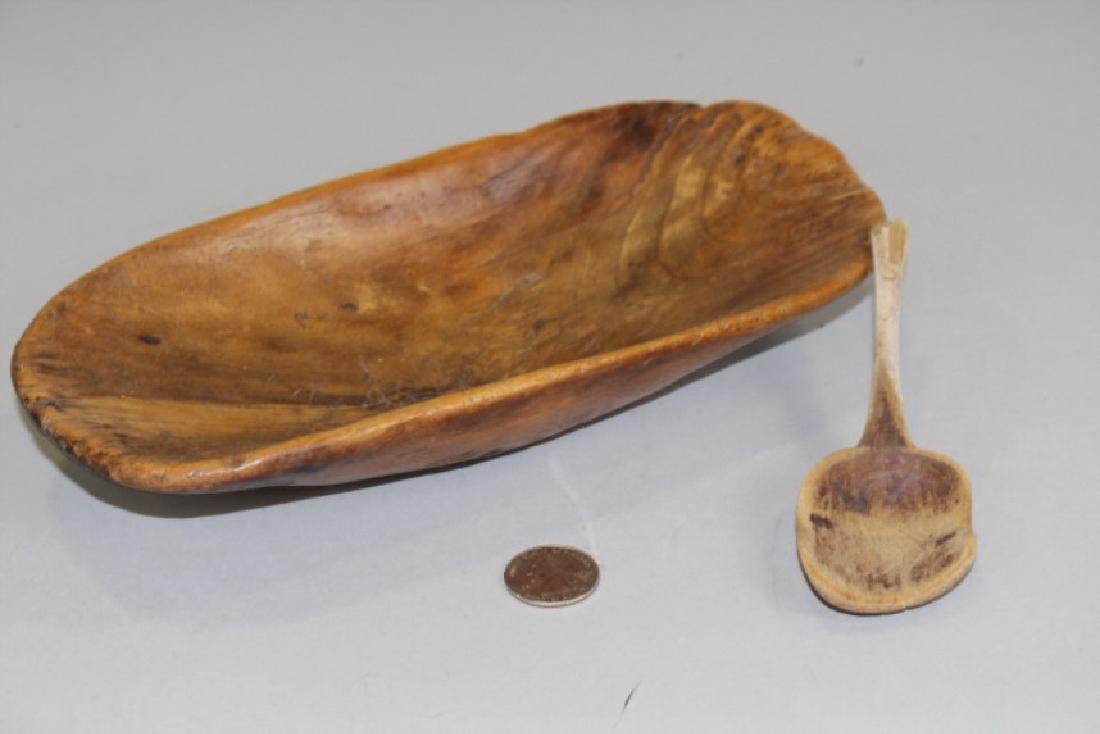 Mid-19th C Rare Child's Trencher & Spoon: Child's or small size wooden trencher / dough bowl 9 3/4" L and child size carved wooden spoon / ladle 5" L. From an Ohio homestead, as are most of the children's items and toys.