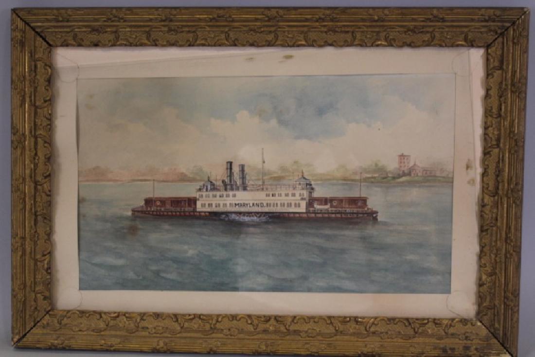 Mid 19th C Watercolor Painting of Railroad Ship: Ship / barge owned by the New York New Haven and Hartford Railroad Co., gesso ornate frame is 25 x 17.