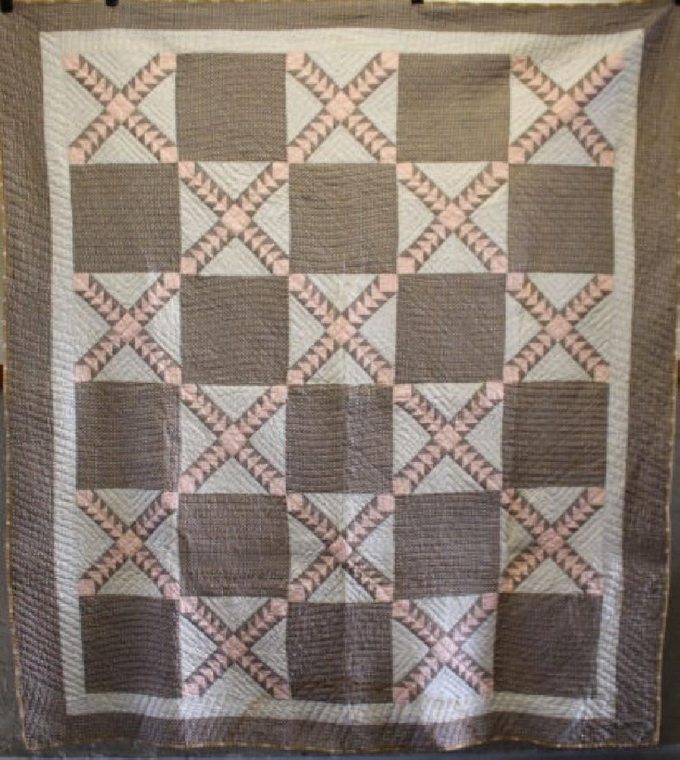 Early 1900s Pink, Brown & Gray Patchwork Quilt (1 of 4)