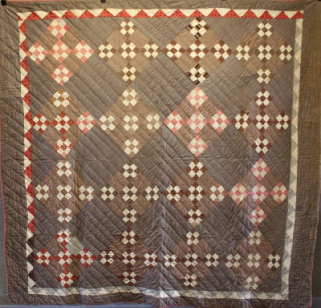 19th C Brown & Multi-Colors 9-Patch Calico Quilt (1 of 4)