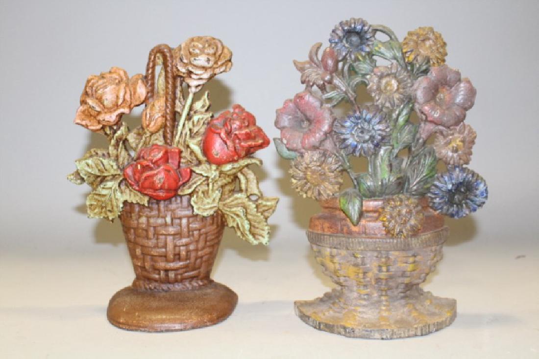 Two Cast Iron Floral Basket Door Stops: Doorstops / door stops, tallest 9 1/2".