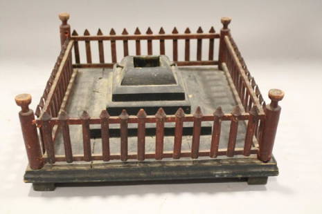 19th C Wooden Christmas Fence Christmas Tree Holder: 19th to early 20th century, folk art fenced Christmas tree holder on 14 1/2" square base; original muted red and green painted surface.