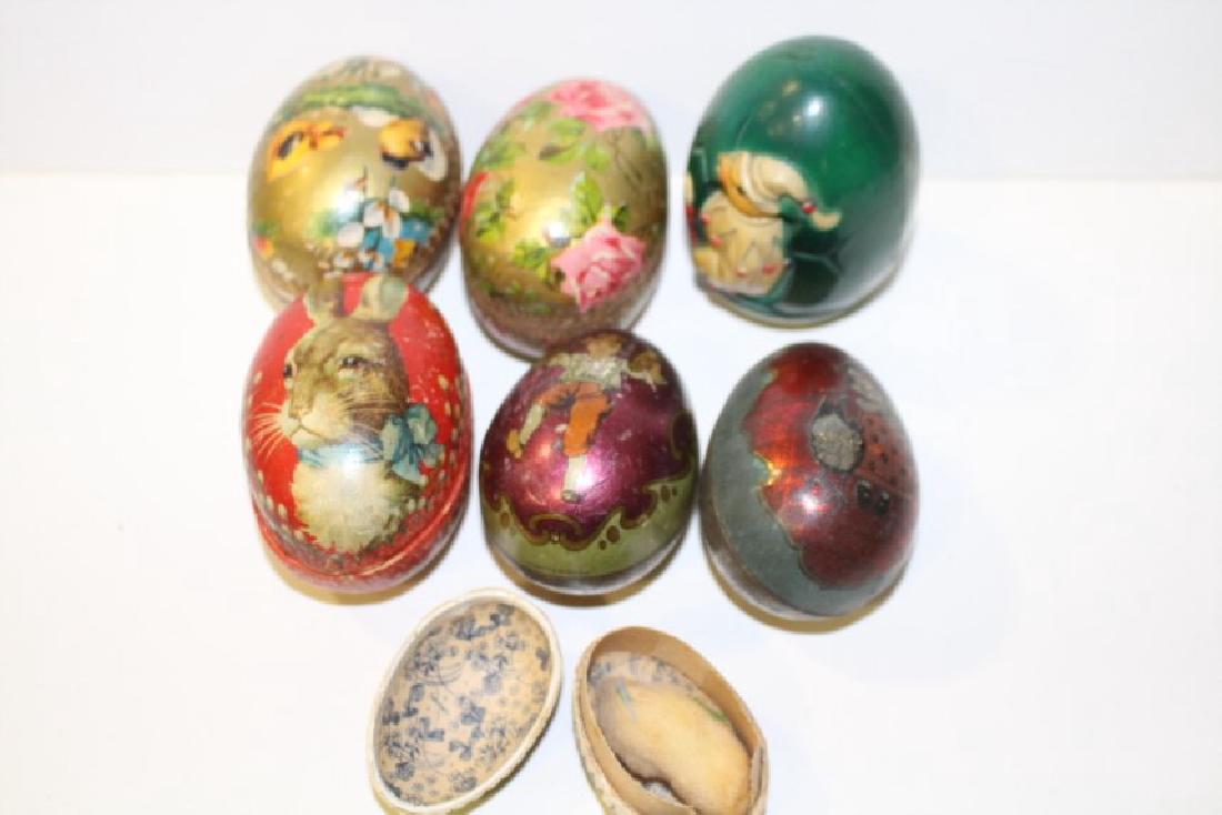 Easter Assortment of Tin, Papier Mache & Celluloid Eggs: Total of 7 - smallest, 2", with spun cotton chick inside.