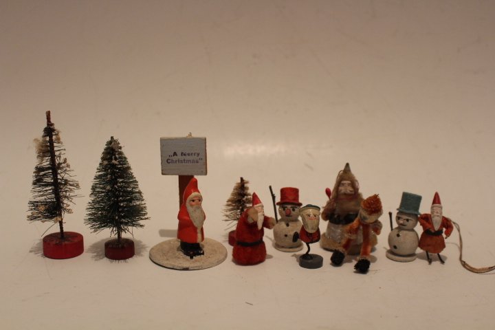 Group of Christmas Santa & Other Miniatures: Christmas trees, snowmen, Santas tallest is 3" H Santa with sign, marked "Germany", others marked "Germany" or "Germany US Zone".