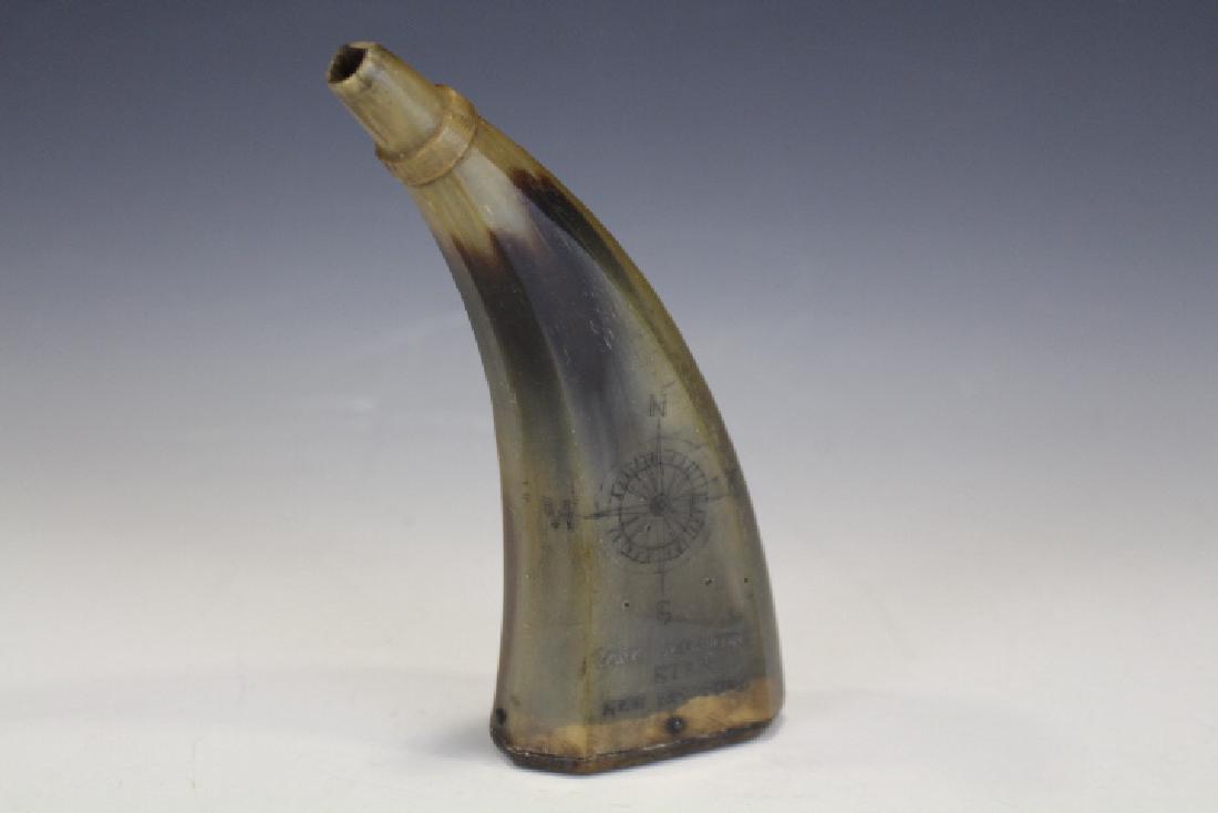 Scrimshaw Decorated Powder Horn - New Bedford Mass: Small, 6", engraved, carved and polished powder horn, one side engraved with a detailed compass and "Dark Morning Star / New Bedford" reverse side engraved images of crossed harpoons, crossed long rif