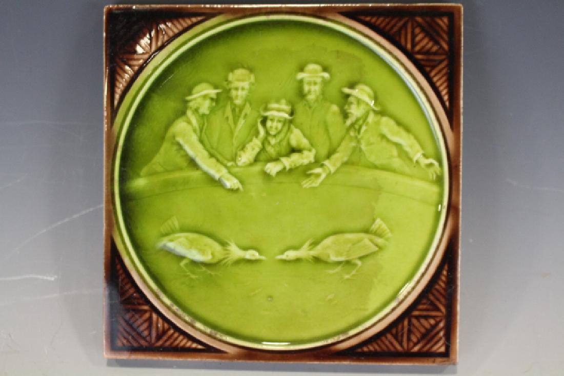 Minton Hollins Art Pottery Tile  C1845 Men at Cock (1 of 2)