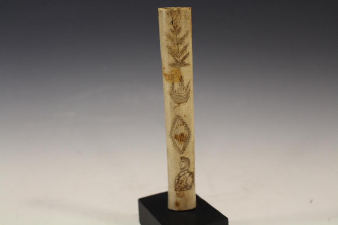 19th C. Sailor Engraved Scrimshaw Bone w/ Sea Captain: 19th century sailor made, appears glossy and smooth, carved bone? 4 3/4" long fragment - engraved bearded sea captain, ferns and 5-point star, other etchings. Split down side.