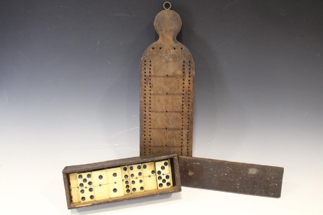 19th C - Wooden Cribbage Board & Dominoes w/Ebony (1 of 2)