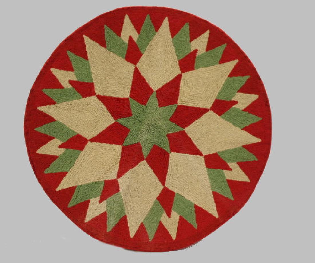 Early 20th C Round Hooked Rug w/ Graphic Starburst 36" (1 of 2)