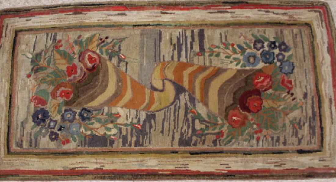 19th C Large Hooked Rug w/ Two Cornucopias (1 of 1)