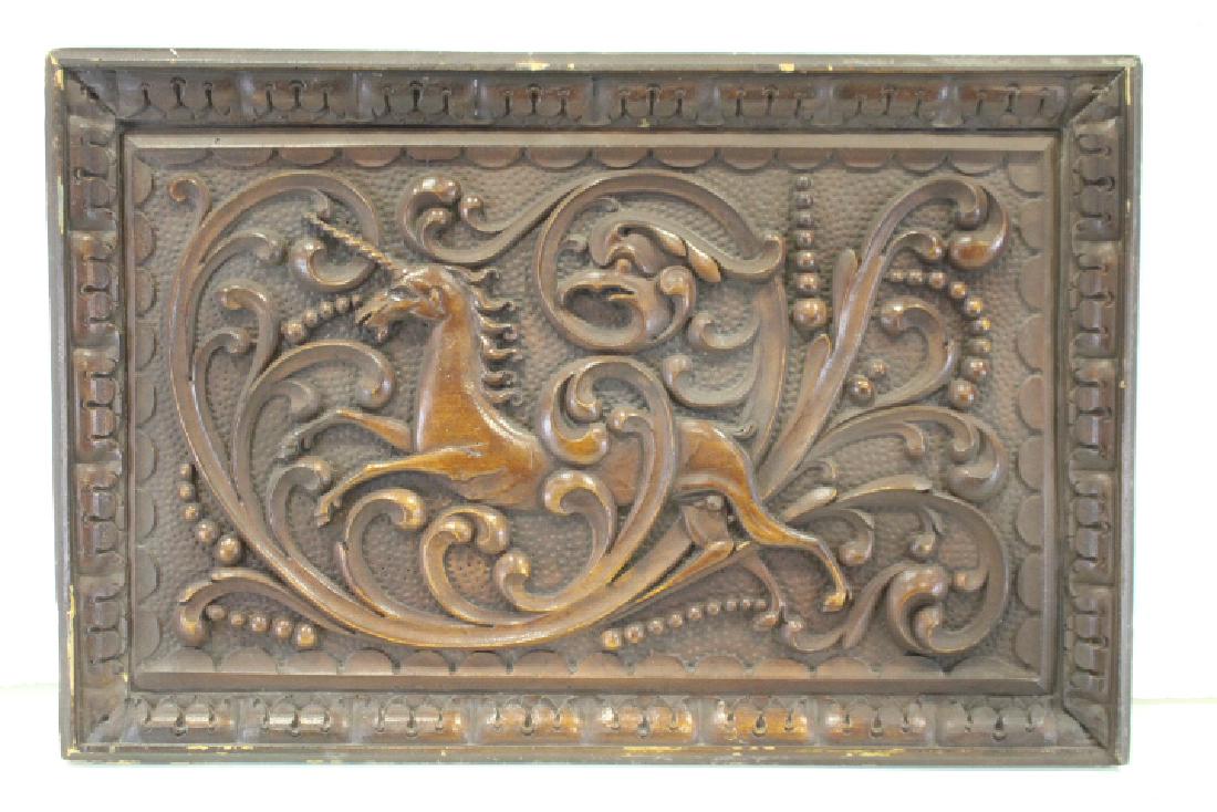 Early 20th C Walnut Carved Plaque of Unicorn (1 of 2)