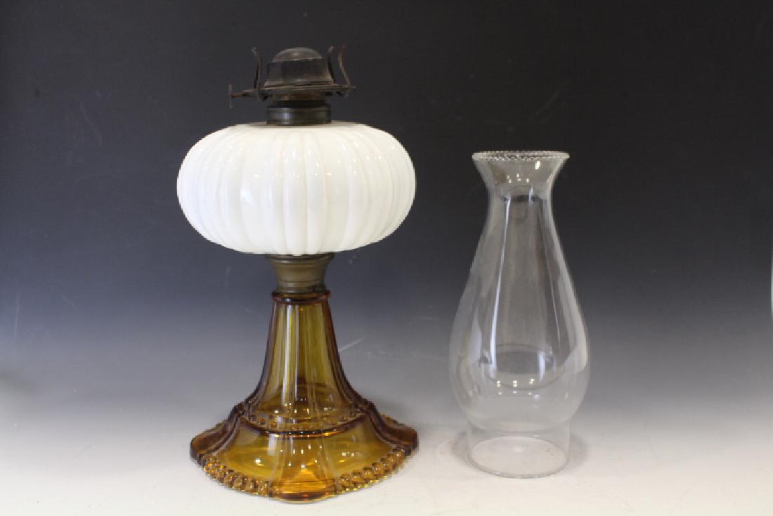 19th C Stand Oil Lamp w/ Amber Pattern Glass Base (1 of 1)
