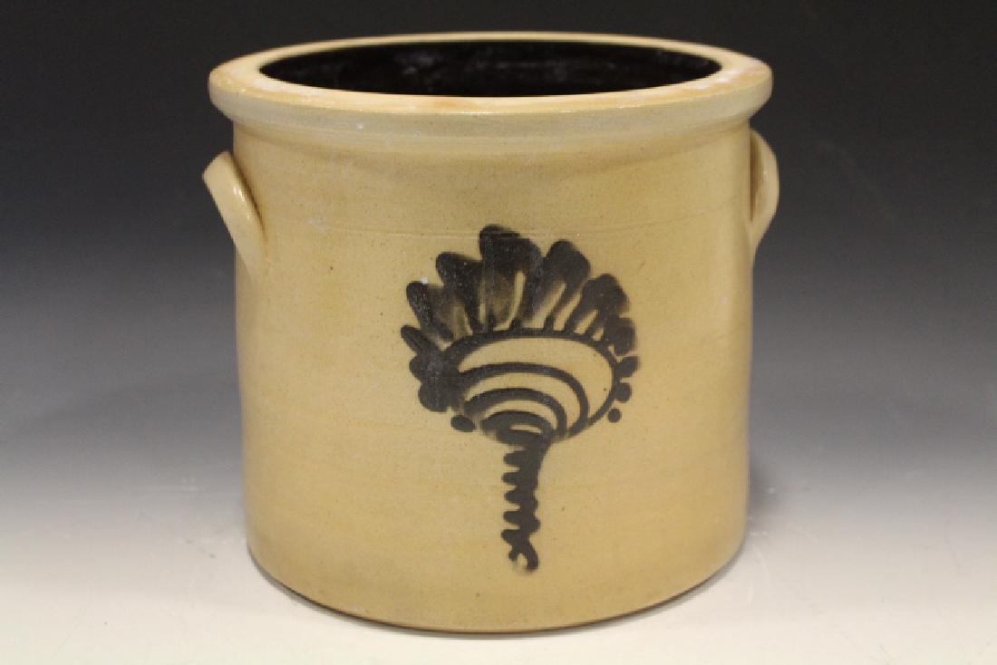 Stoneware Cobalt Tornado Decorated Crock: Stoneware cobalt tornado decorated crock attributed to Fulper Pottery, rounded rim, lug handles, 7 1/2" H.