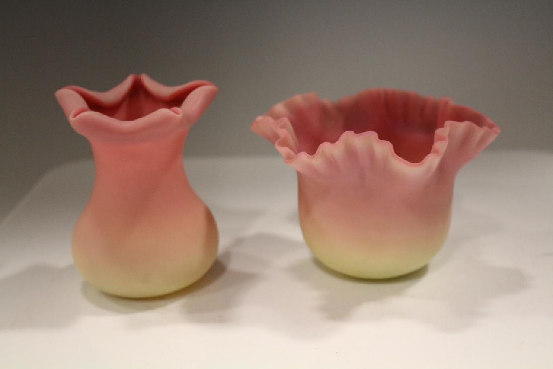 Thomas Webb Burmese Rose Bowl & Posy Vase: Thomas Webb Burmese rose bowl, crimped rim, 3" H; posy vase, 3 1/4" H. In-house shipping available on this lot.