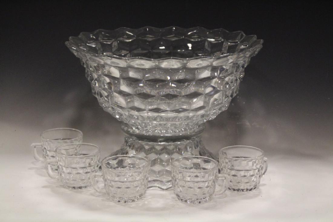 Fostoria Glass Punch Bowl, Pedestal & Cups
