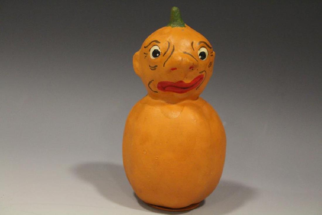 Halloween Papier Mache Vegetable Head Candy Container: Halloween papier / paper mache vegetable head / veggie head candy container, stamped "Germany" on under side, 5" H. Excellent condition. Other Halloween and holiday lots in this sale.