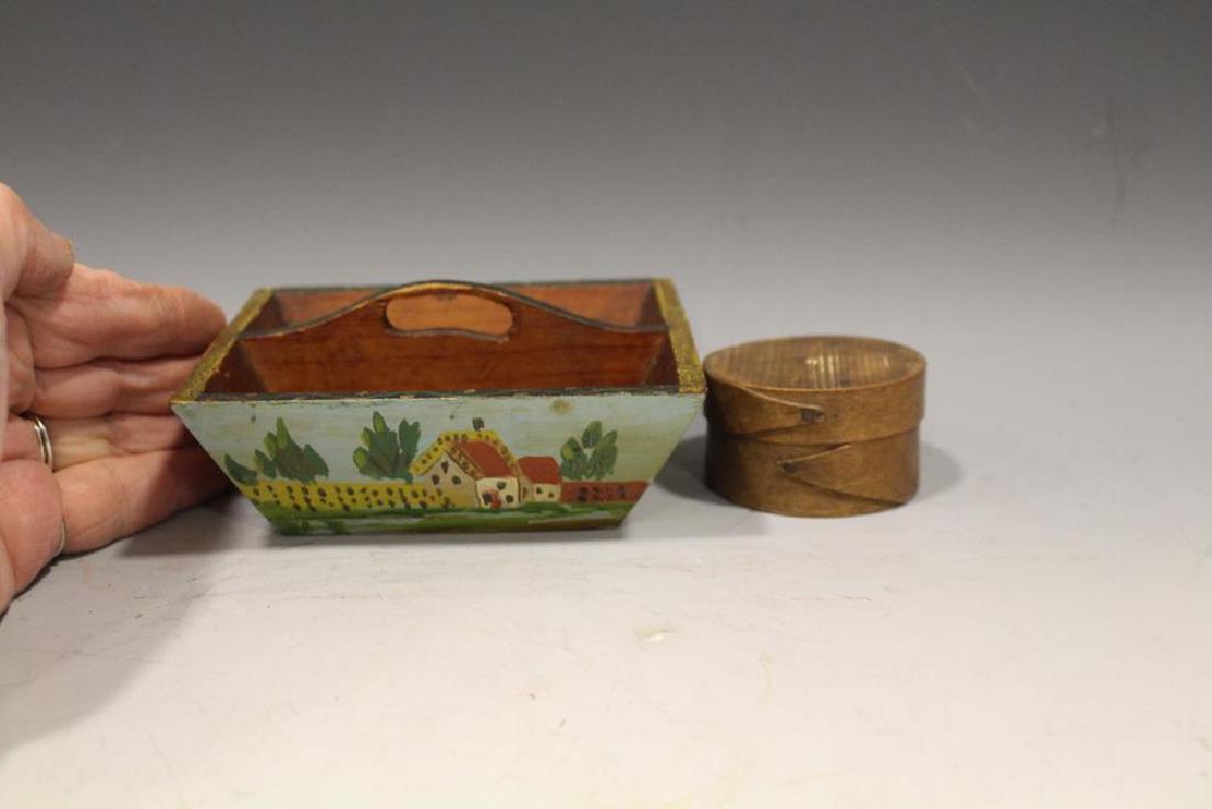 19th C. Miniature Items - Pantry Box & Utensil Box: 19th C. miniature group - round pantry box, 1 1/4" H x 2" W, single finger laps; knife / utensil tote / box, original painted hand-painted farm house scenes.