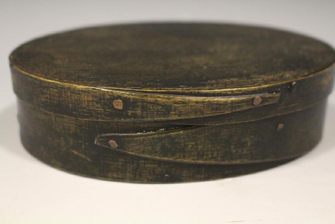 Black Painted Oval Pantry Box 5" W: 19th C. black painted oval pantry box, single finger laps, 5" W. One of 30 pantry boxes in this sale - some selling in multiples.