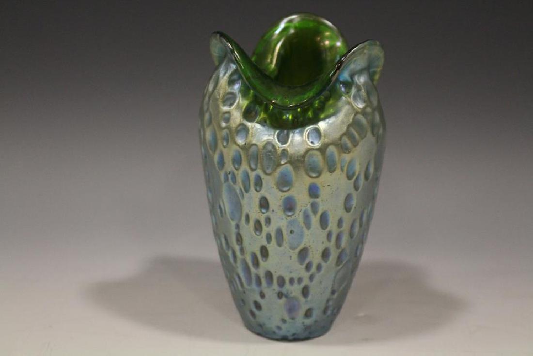 1902-1910 Loetz Diaspora Green Iridescent Vase: Early 1900 Loetz Diaspora vase, green iridescent with ruffled and pinched rim, 5" H.