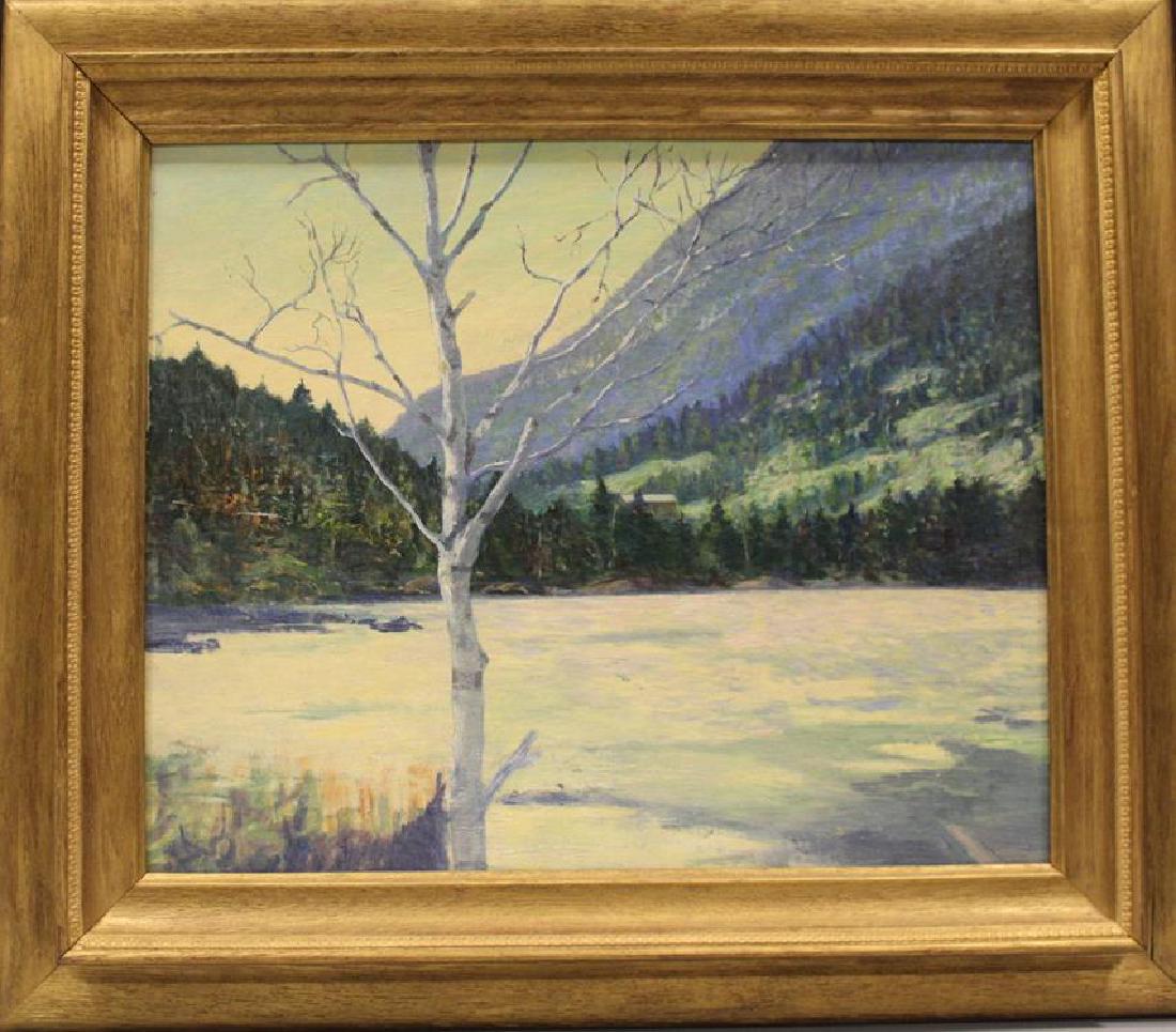 Contemporary Winter Birch Landscape Oil Painting: Contemporary "Winter Birch" landscape signed on reverse A. C. Knapp, giltwood frame is 29 x 26". Good.