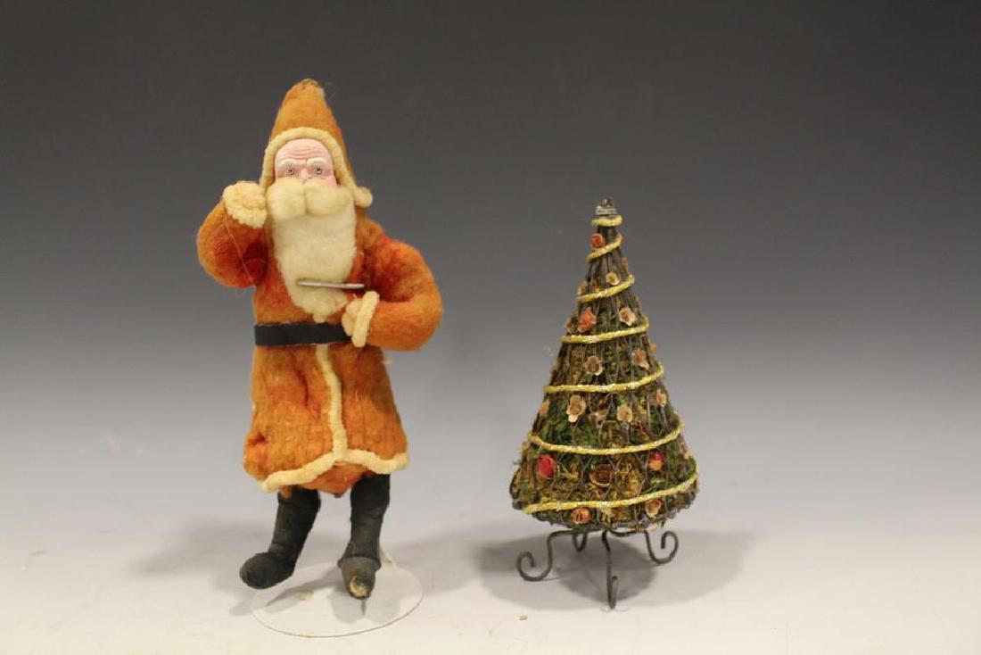 Spun Cotton Santa & Miniature Decorated Christmas Tree: Spun cotton Santa, 9"H, composition painted face, wired flexible body, one leg is loose, needs re-glued; decorated Christmas tree of lichen moss / loofah, 7" H.