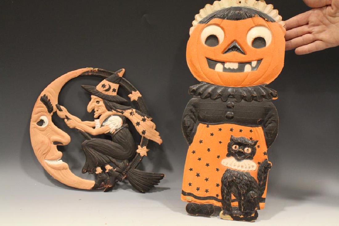 1930s Halloween Diecuts Mrs. Jack-o-Lantern & Witch: 1920-30s tall diecut and embossed Halloween cardboard decorations marked Germany - stand-up / easel-backed lady / Mrs. Jack-o-Lantern with cat, 15 1/2" H. Very light age wear, edge of right side of he