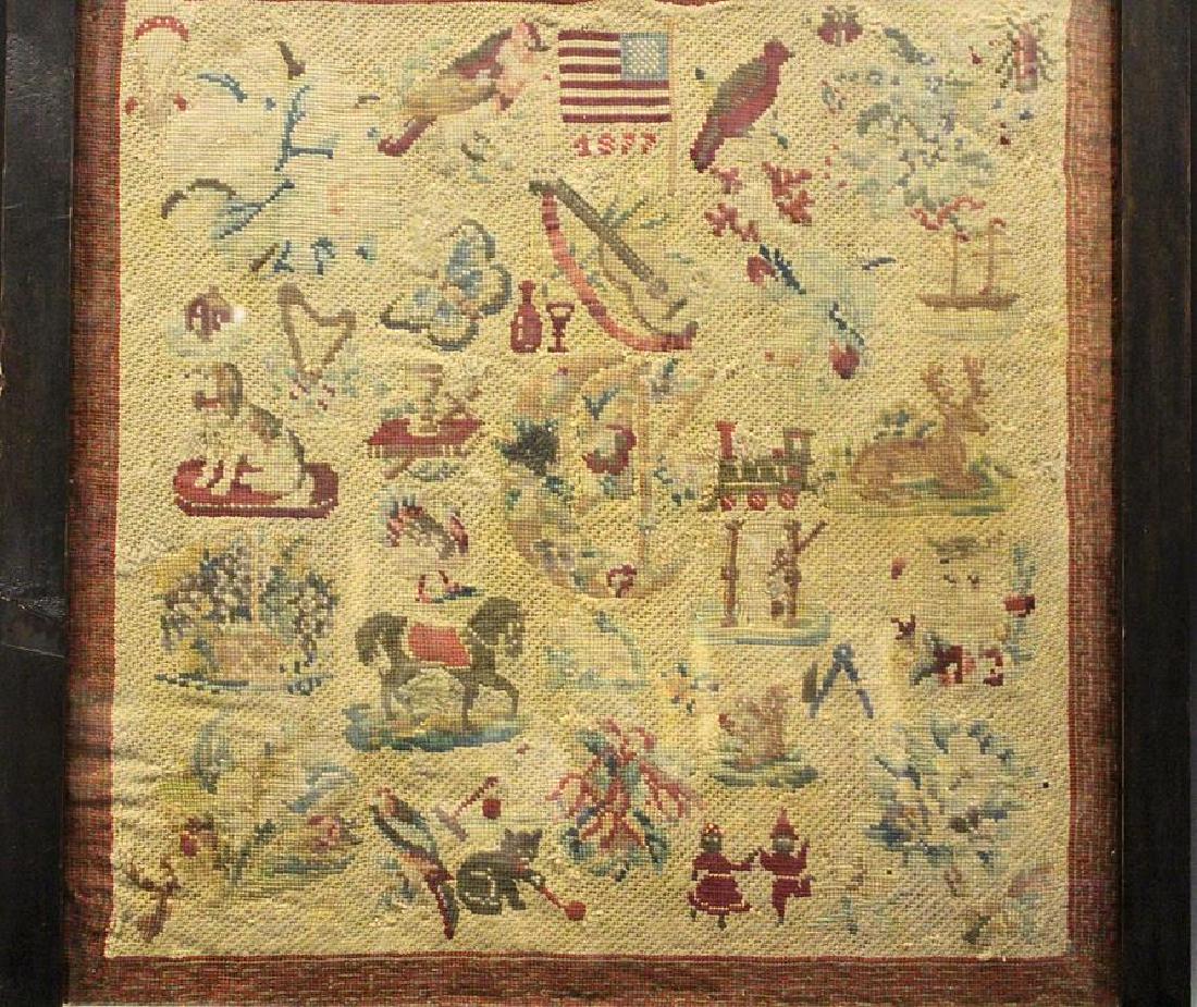 Large 1877 Rebus - Black Children American Flag & More: Large American wool-worked rebus, top center with American flag over date of 1877, foreground with black Americana boy and girl dancing, birds, cat, dog, horse, stag, butterfly, bug, ship, much more,