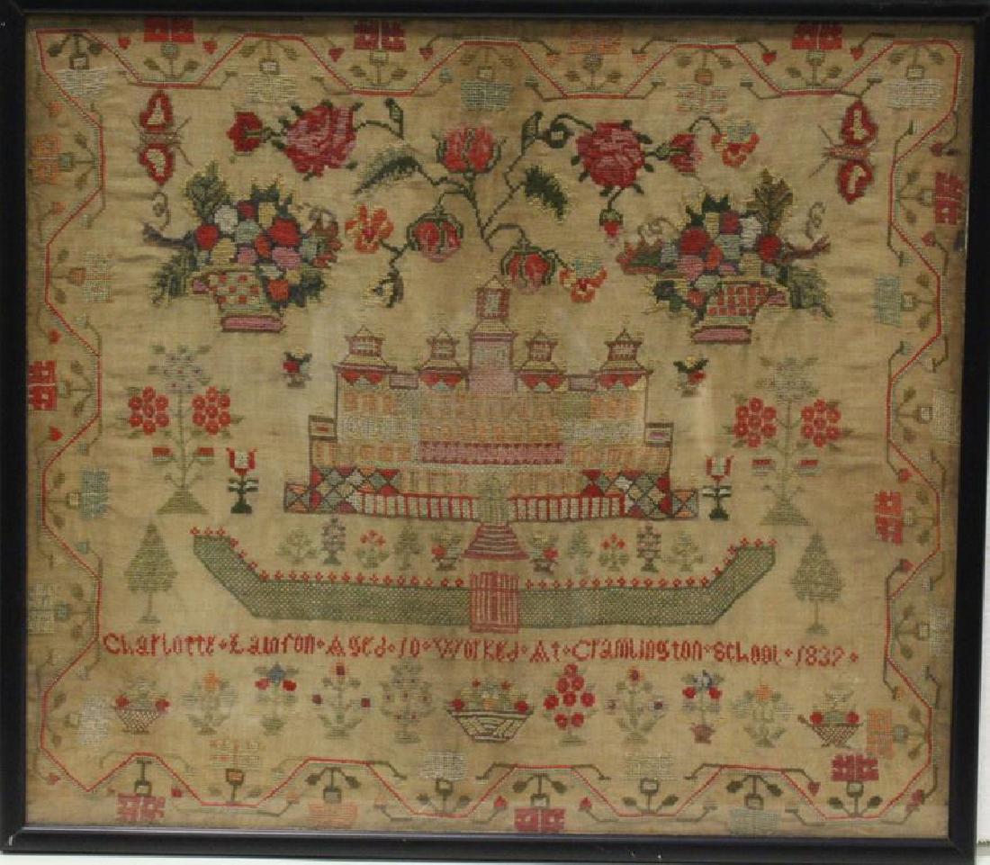 1837 Needlework School Girl Sampler w/ Named School: Large 1837 schoolgirl needlework sampler wrought by "Charlotte Camron - aged 10 - worked at Cramlington School - 1837" silk on linen sampler with large image of school in center with fence and gate, b
