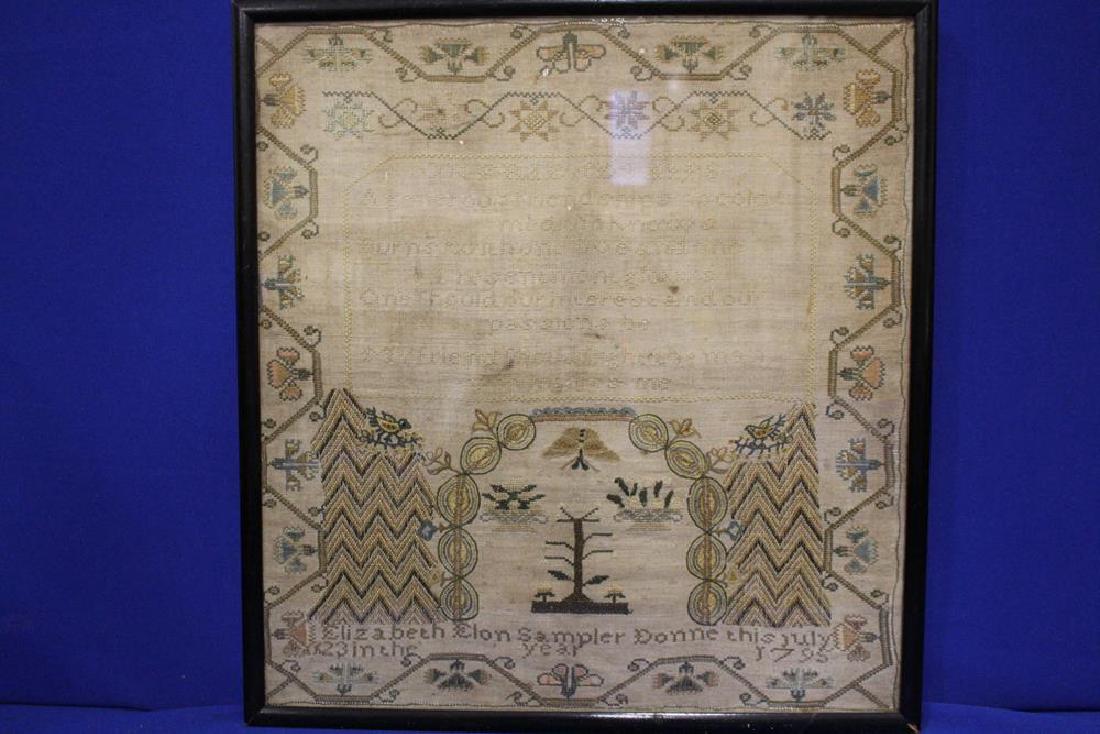 1795 Savannah GA School Girl Sampler w/ Provenance: School girl sampler "Elizabeth Elon Sampler Donne (sp) this July 23 in the year 1795". Flame stitching on lower right and left, birds, trees and butterfly, verse has either faded or was wrought in the