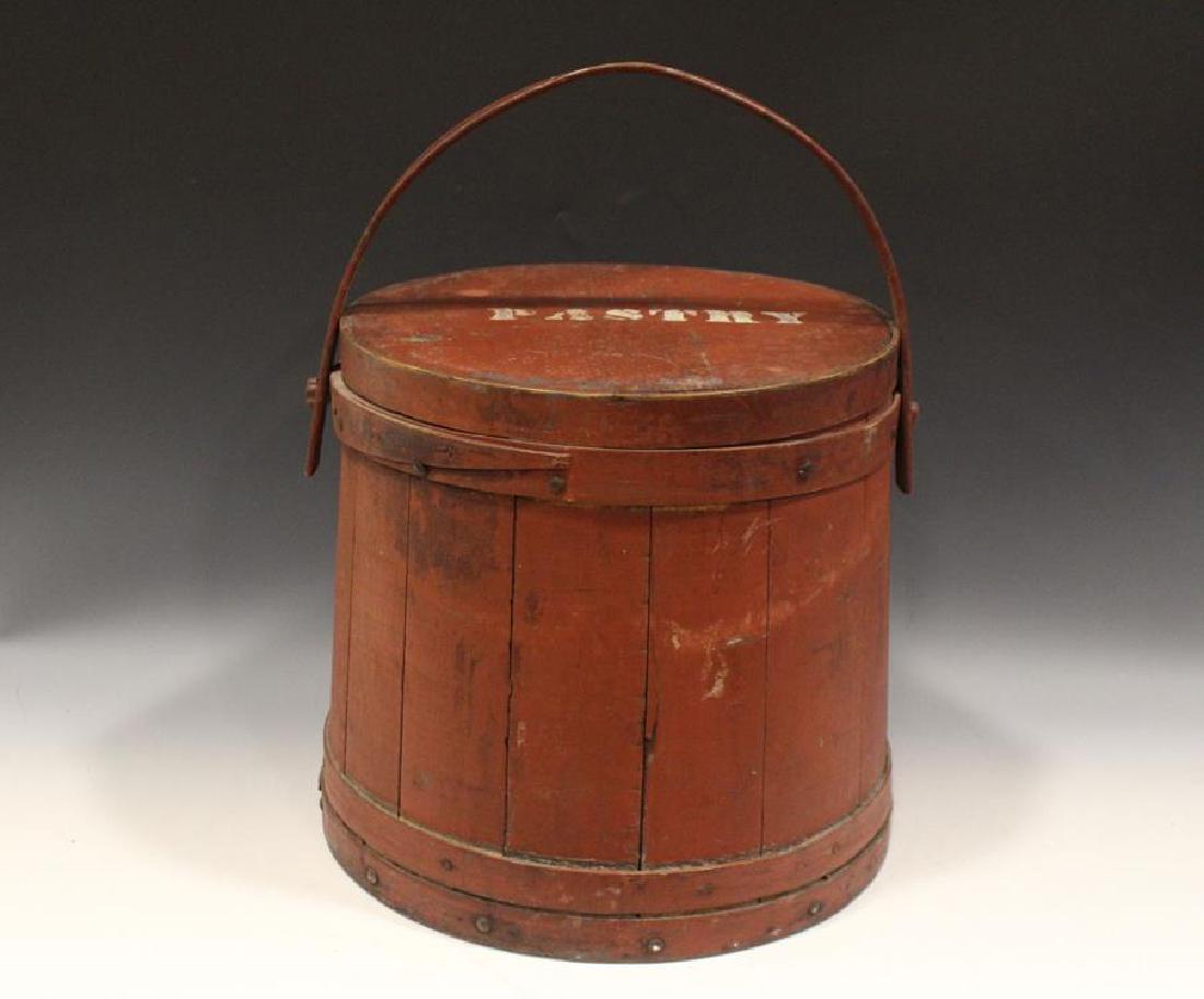 Lg Red Painted Mercantile Store Firkin - Pastry: 19th C. large mercantile / country / general store firkin, retaining original old red paint with stenciled PASTRY on the front, tapered stave construction, lidded, single finger laps, bentwood handle,
