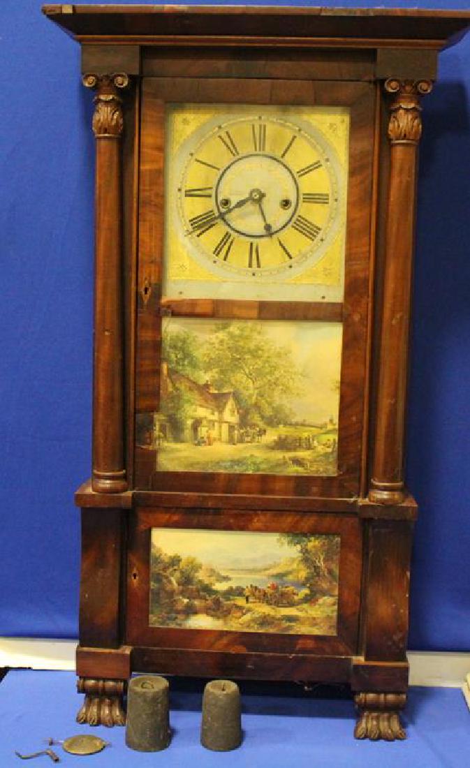 Mid-19th C. E. W. Adams Column & Cornice 8-Day Clock: Mid-19th C. E. D. Adams column and cornice shelf clock with claw feet, 8-day weight driven movement with coiled gong strike, mahogany case with molded cornice, paper scenic lower glass panes, 2 iron w