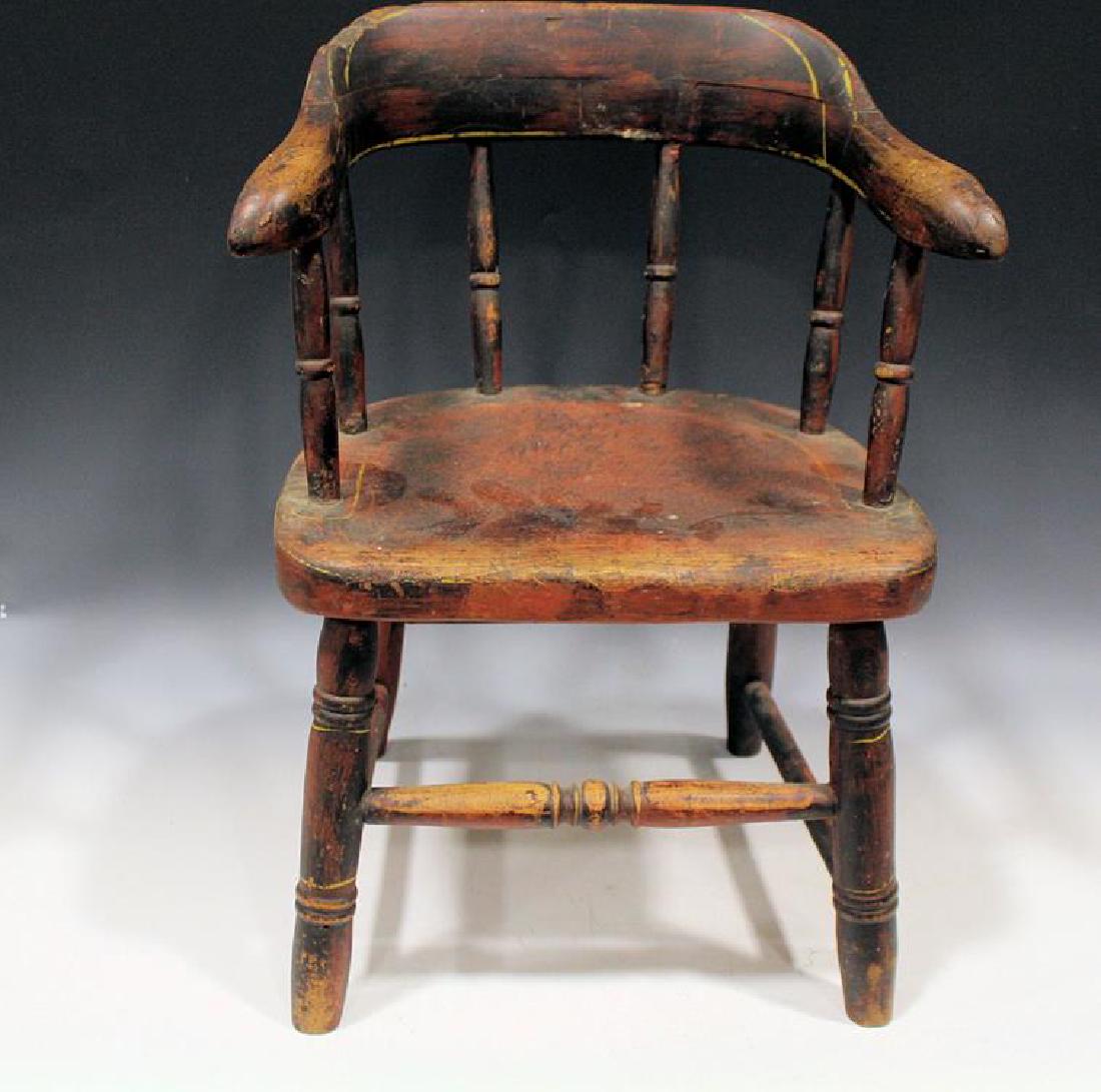 Early 19th C. Red Painted Childs Windsor Chair: Early 19th C. red black grain painted child's Windsor chair with pin striping, 19 1/2" H.