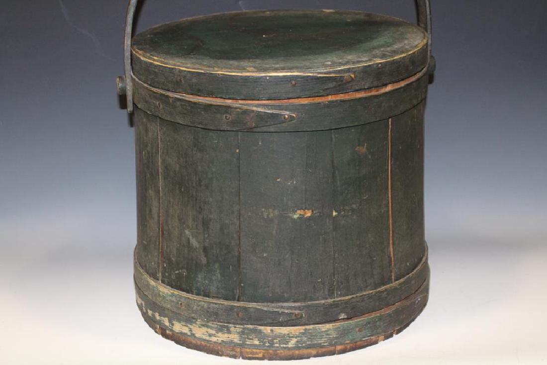 Lg Green Painted Mercantile Store Firkin - Prunes: 19th C. large mercantile / country / general store firkin, retaining original old green paint labeled PRUNES, tapered stave construction, stamped with makers mark on lid illegible, 13 1/2" H plus bent