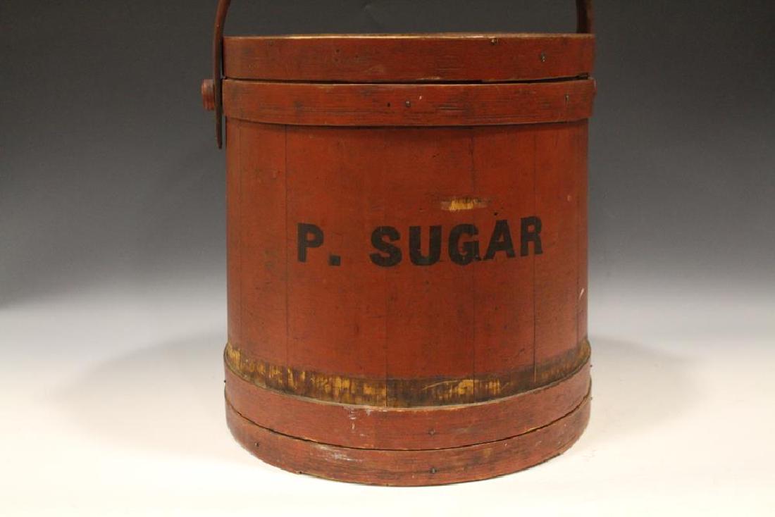 Lg Red Painted Mercantile Store Firkin - Powdered Sugar: 19th C. large mercantile / country / general store firkin, retaining original old red paint labeled P SUGAR, tapered stave construction, stamped with makers mark on lid C. Wilder & Sons, Mass, 12 1/2"