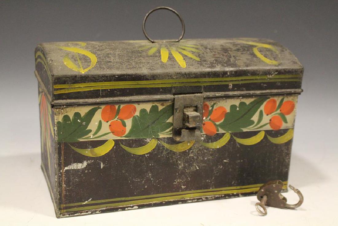 19th C. Toleware Document Box w/ Lock & Key: 19th C. toleware document box, domed lid, painted decoration to lid, sides and front, 19th C. working heart-form lock and key, 8 3/4" W x 5 1/4" H x 4 1/2"D.