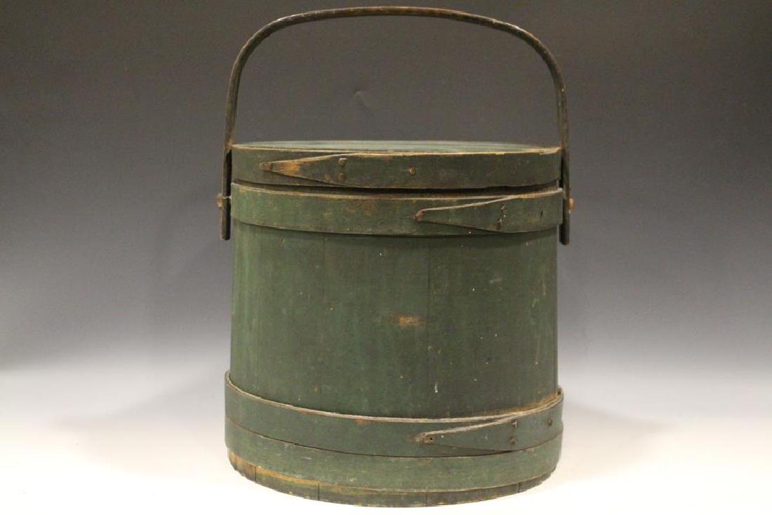 19th C. Large Green Painted Firkin: 19th C. large green painted firkin, single finger laps, slightly tapered, stave construction, 11 1/2" H, lid is 12" W, base is 12 1/2" W.
