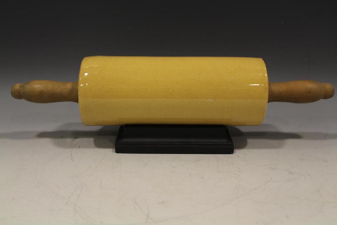 Yellowware Rolling Pin: Yellowware rolling pin, wooden handle, 15" L. Good condition.