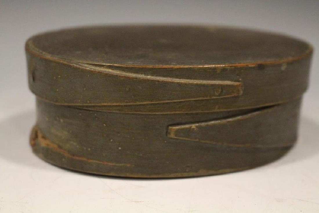 Small Pea Green Oval Pantry Box Cream of Tartar: Small pea green oval pantry box, single finger laps, old printed label "Cream of Tartar", 1 1/2" H x 4 3/4" W. Good.